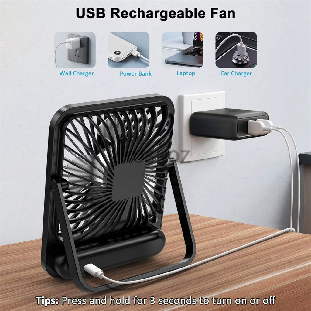 Desk Fan, Portable USB Rechargeable Fan, 180° Tilt Folding Personal Fan with Power Display, 5 Speeds Ultra Quiet Table Fan